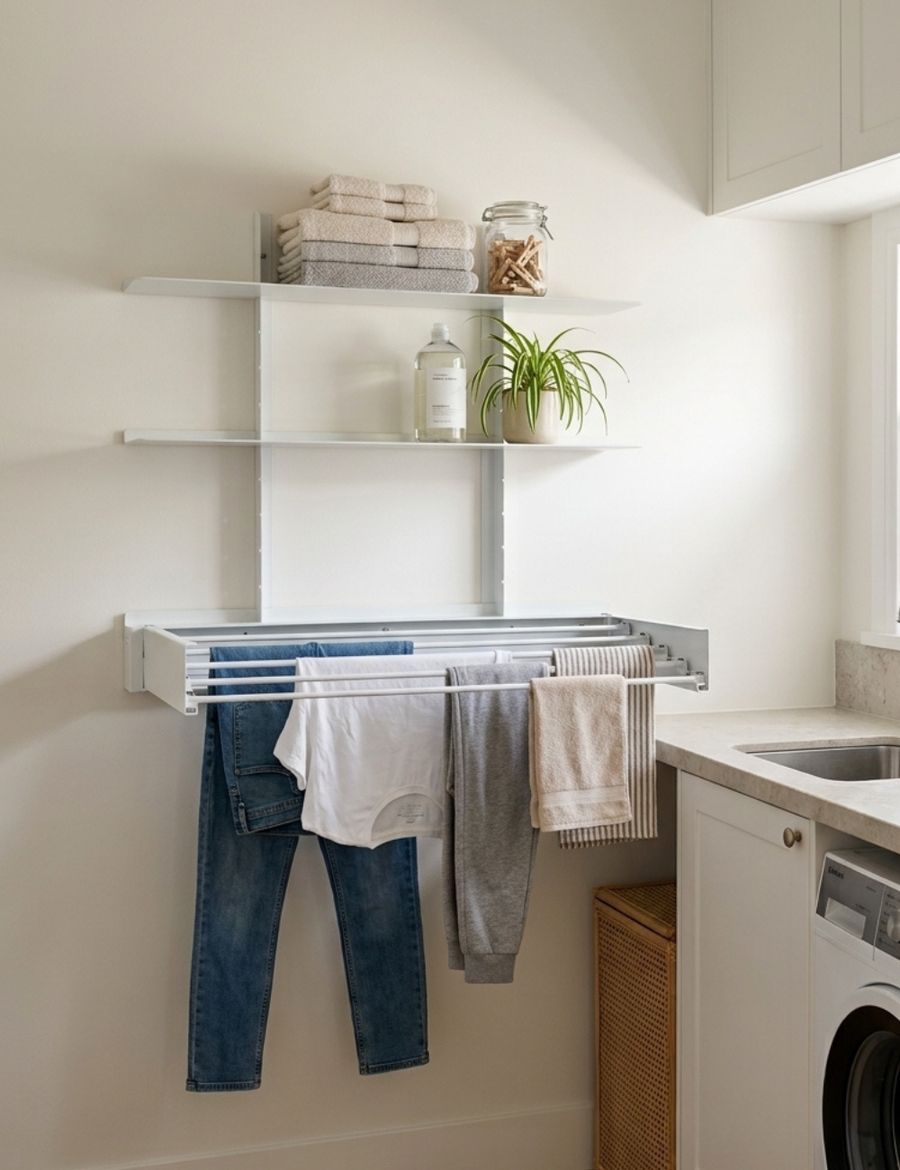 Add a drying rack to the same wall.