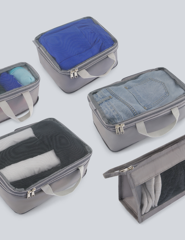 Compressible travel packing cubes set, multiple sizes