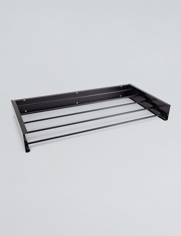 Black wall mounted foldable drying rack arms extended, front view